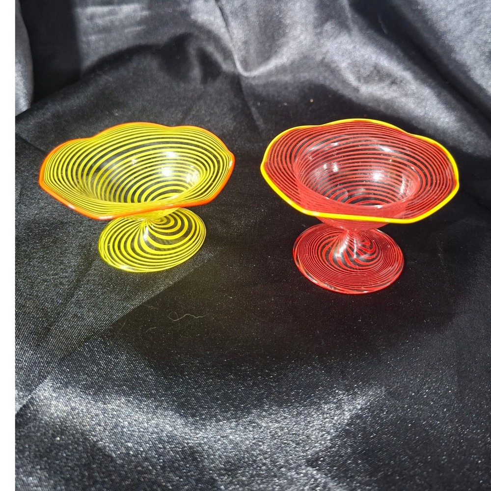 Miniature Bimini Art Glass nut dishes Swirl Pedestal Pair Spiral Ruffled Rim 2"